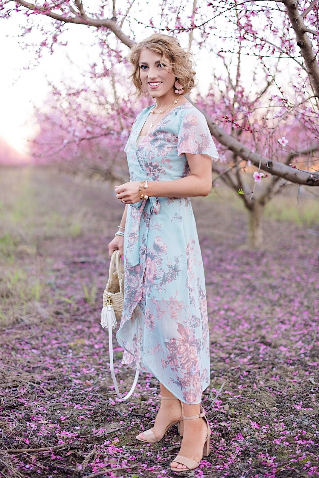 Spring Style: Floral Wrap Dress & Peach Blossoms - Something Delightful Blog