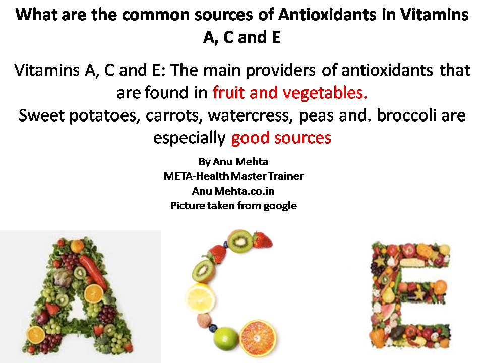 What are the common sources of Antioxidants in Vitamins A, C and E
