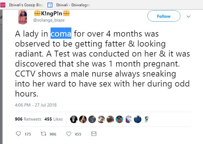 Lady Reveals How A Male Nurse Raped A Woman In Coma, Impregnates Her 