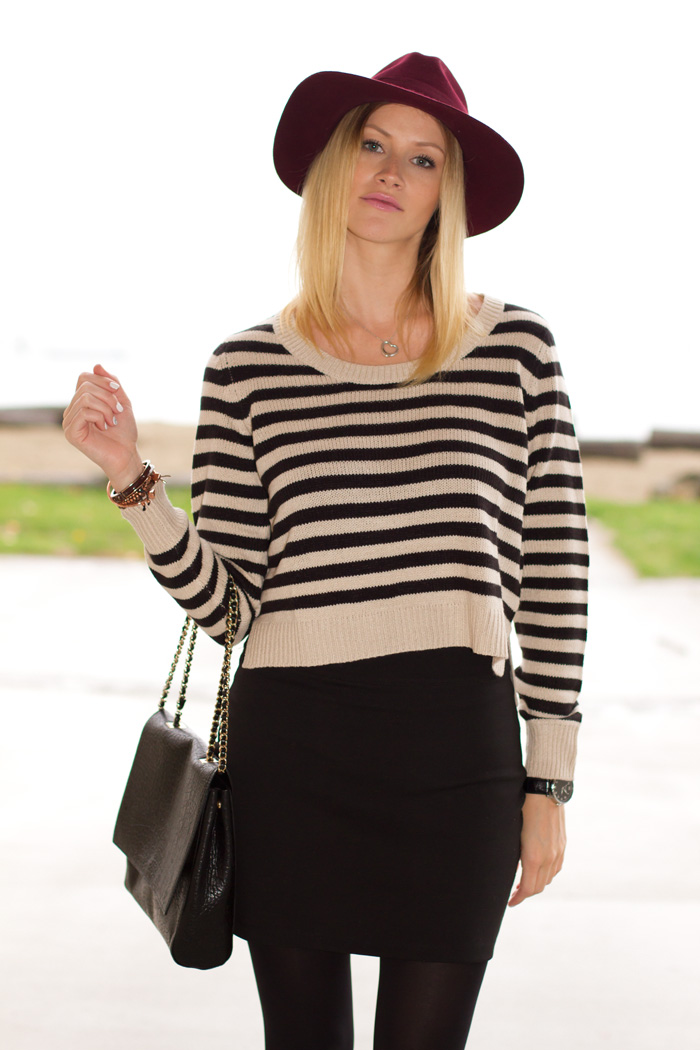 Vancouver Fashion Blogger, Alison Hutchinson, wearing H&M burgundy hat, H&M Striped Knit Sweater, Urban Outfitters black bodycon mini skirt, Zara black booties, Zara black leather bag with chain straps, Tiffany heart necklace, Michael Kors mens watch, True Worth Design bead bracelets, Givenchy cuff bracelet