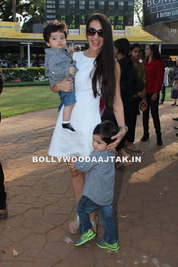 Tara Sharma with sons Zen and Kai - Tara Sharma with sons Zen and Kai at C.N. Wadia Gold Cup Race