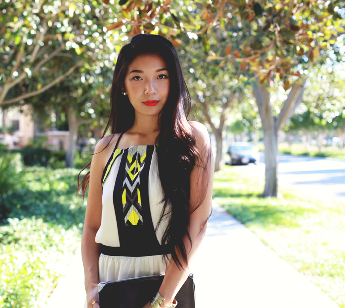 Stephanie Liu of Honey & Silk wearing Greylin dress, Tacori earrings, Shoemint heels, and Alexander Wang clutch
