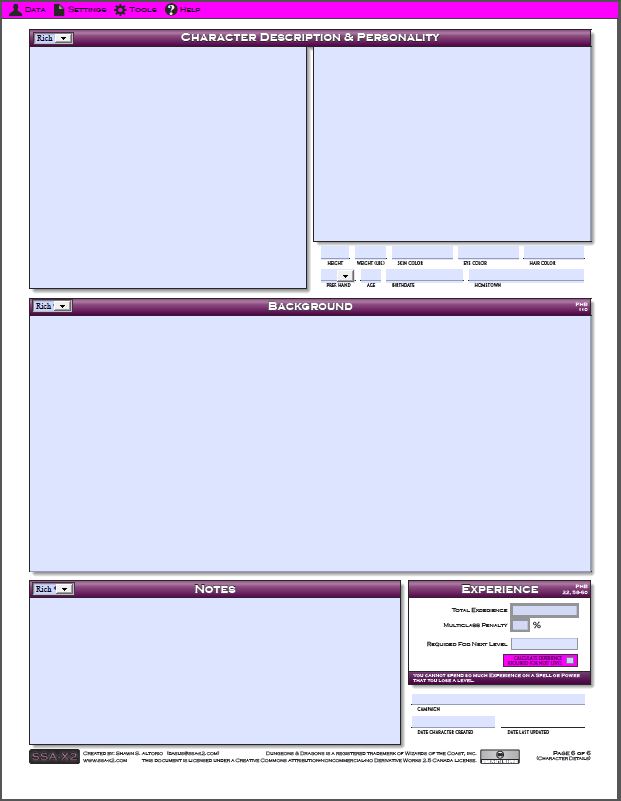 HyperLance Development: PDF Editiable Character Sheets