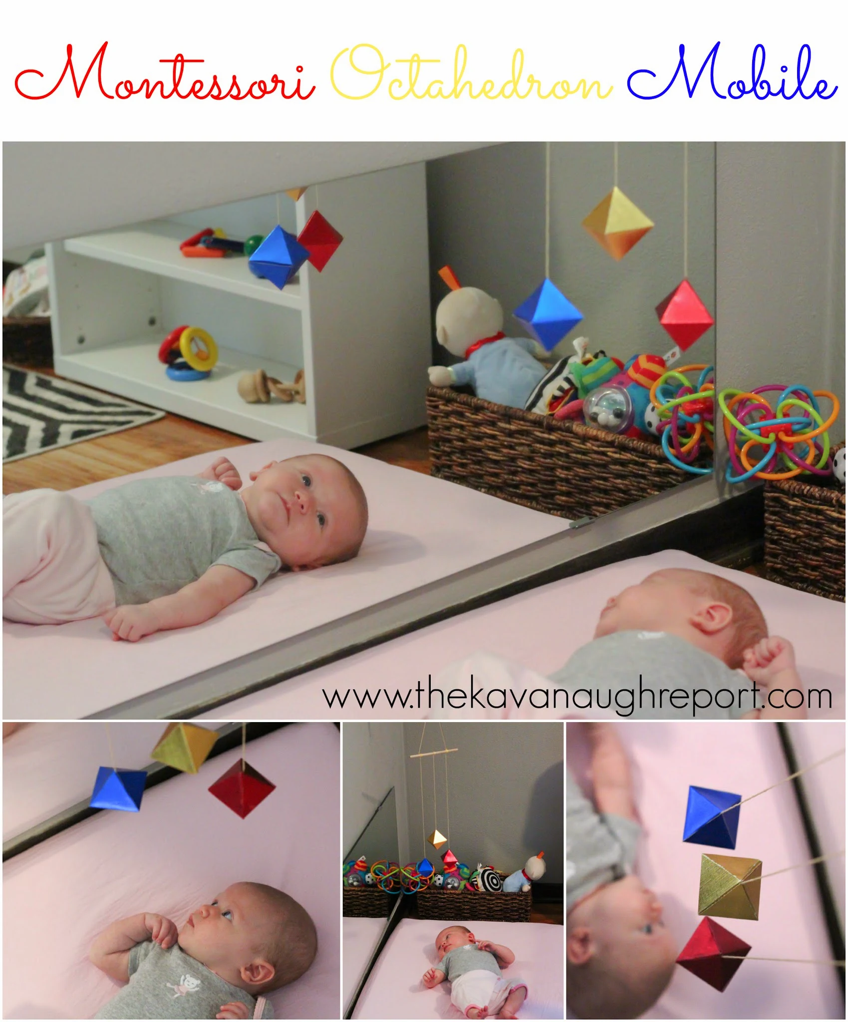 An overview of the Montessori baby visual mobile series. The visual series includes the Munari, Octahedron, Gobbi and Dancers mobiles and are the first work for infants from birth until they are several months old.
