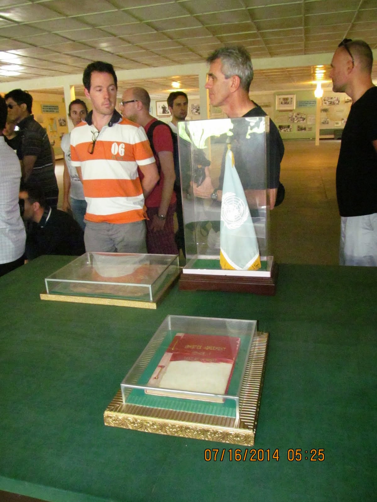 Armistice Agreement under plexiglas, North Korean Panmungak Hall, DMZ between the two Koreas