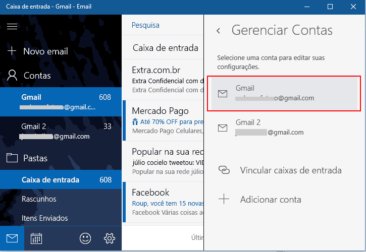 Gerenciar contas - Aplicativo Email, Windows 10