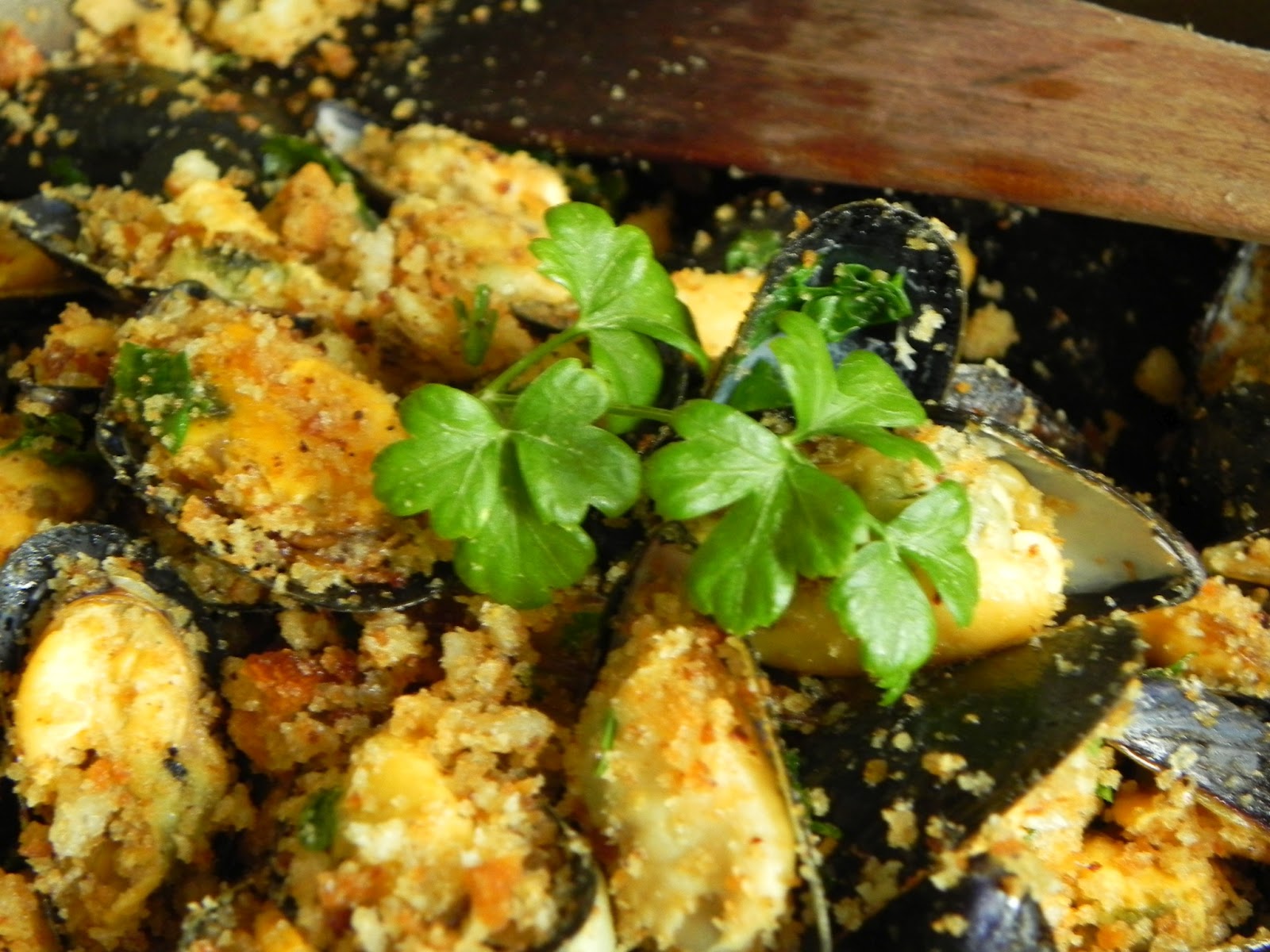French Nyonya Mussels in garlic and herb bread crumbs