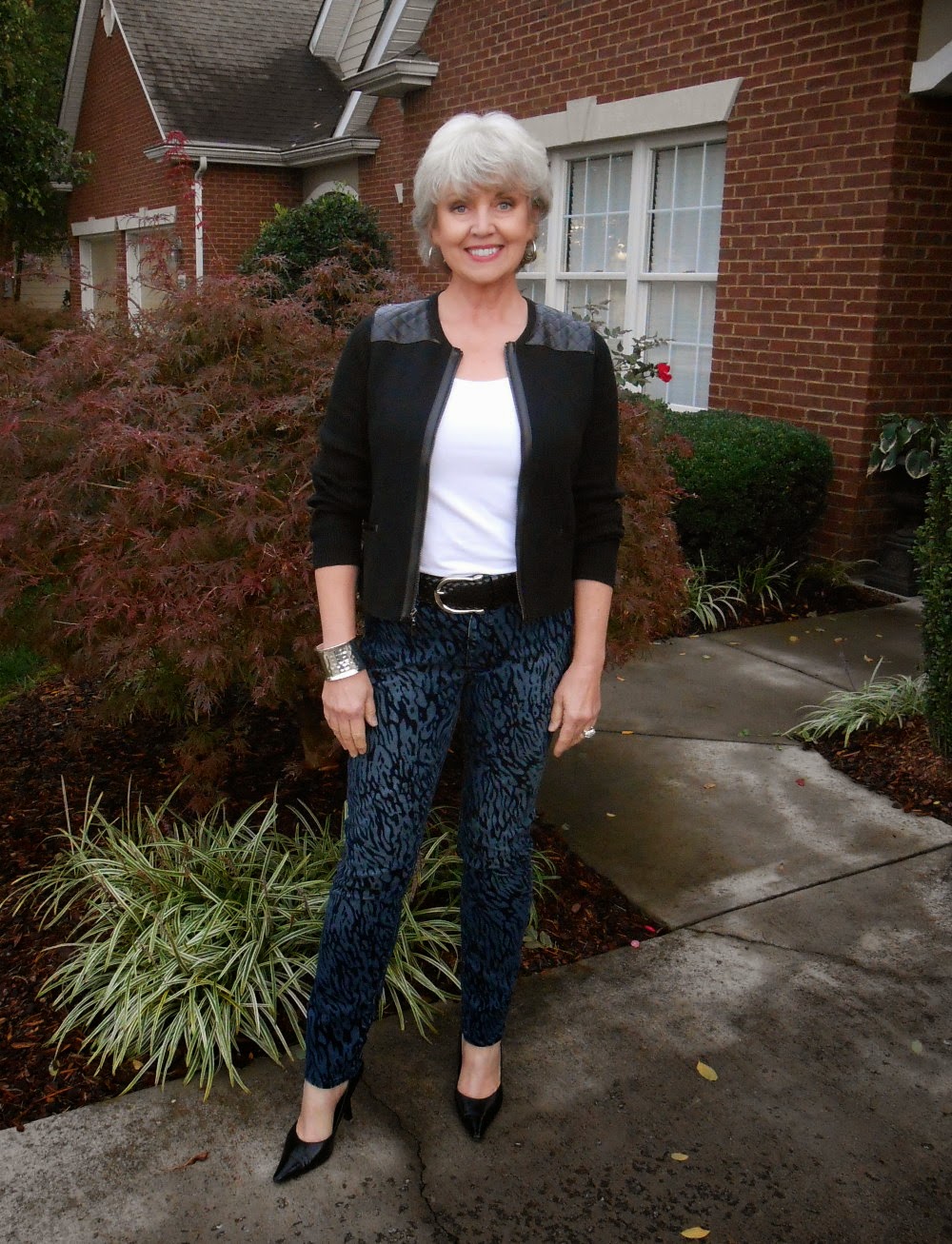 Fifty, not Frumpy: Patterned jeans and a leather jacket?