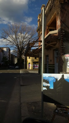 Plein air oil painting of the renovation of the Terminus Hotel corner of John and Harris Street Pyrmont painted by industrial heritage artist Jane Bennett