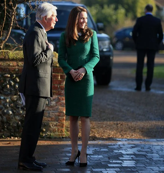 Kate Middleton wore Hobbs Suit and Jacket in Green, LK Bennett suede pumps, Kiki diamond earrings, Mulberry clutch bag