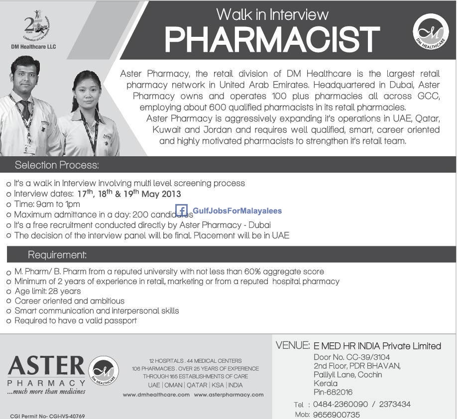 Pharmacist for UAE, Jordan, Qatar & kuwait Gulf Jobs for Malayalees