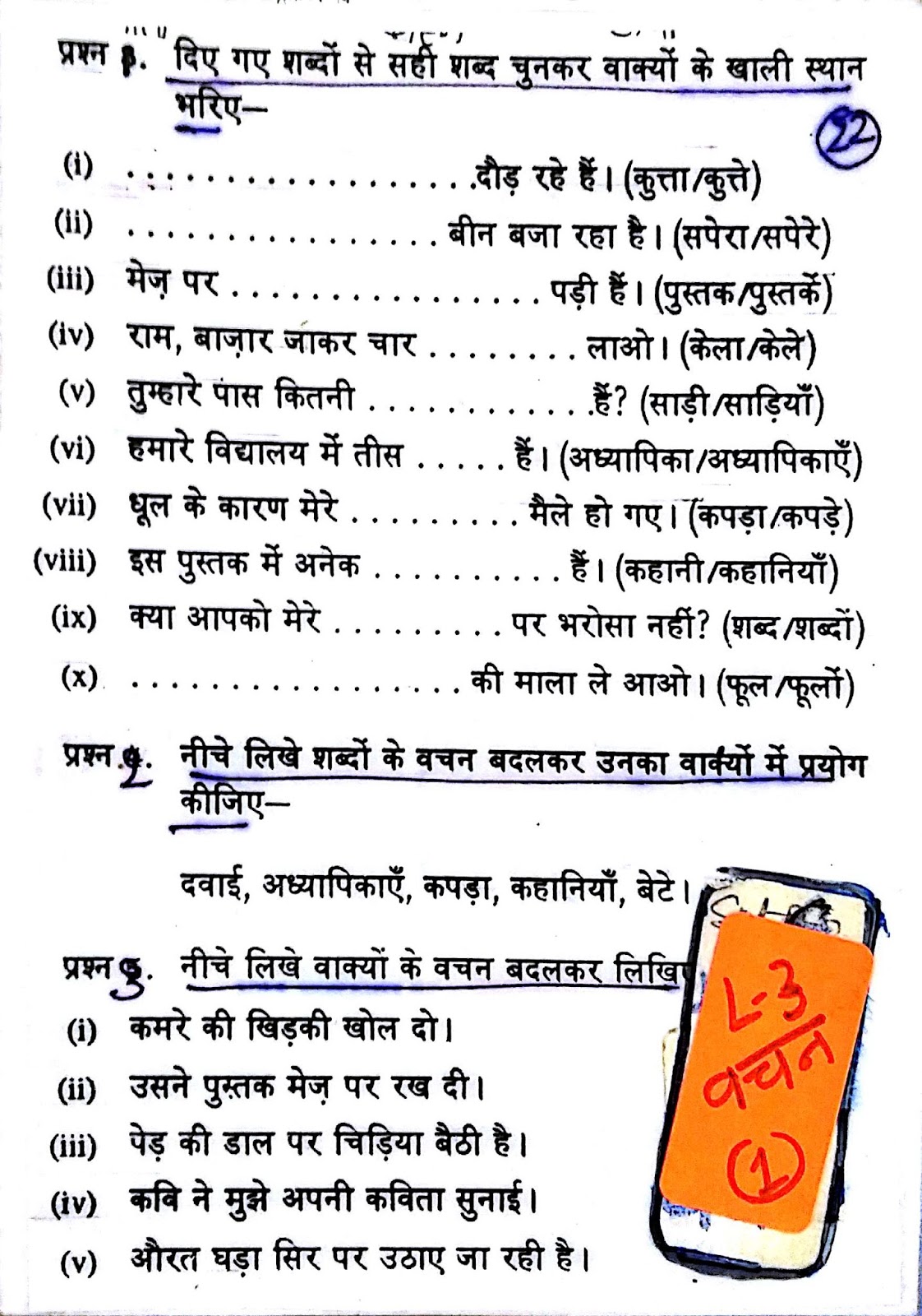 Hindi Grammar Work Sheet Collection for Classes 5,6, 7 & 8 Singular