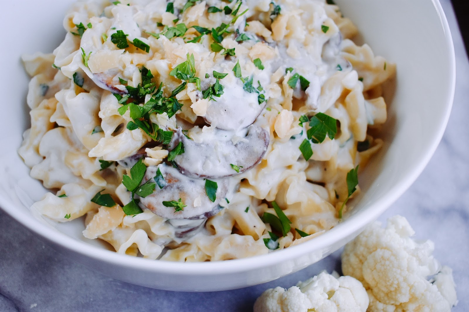 Cremini Mushroom Pasta with Cauliflower Alfredo Sauce Chef Jen