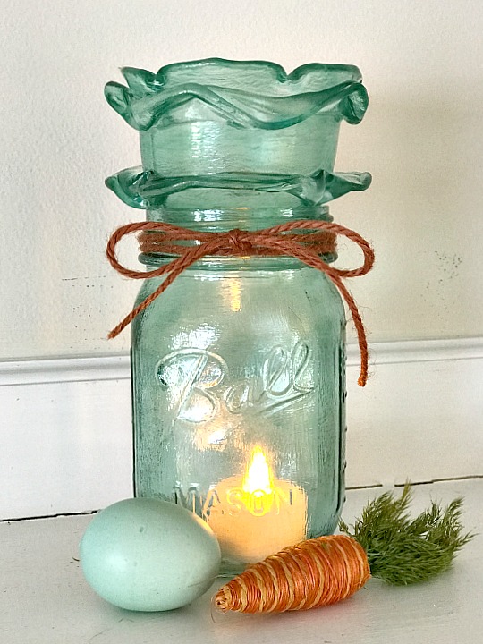 blue frosted sea glass Mason Jar with eggs and carrots