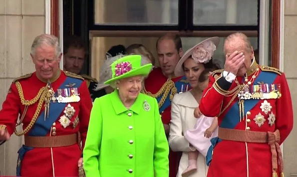 Elizabeth, Prince Philip, Duke of Edinburgh, Camilla, Duchess of Cornwall, Catherine, Duchess of Cambridge, Prince William, Prince George, Princess Charlotte, Prince Harry