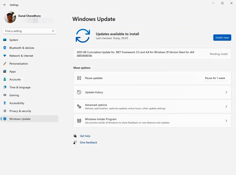 A quick look to Windows 11 Settings app - Windows Update