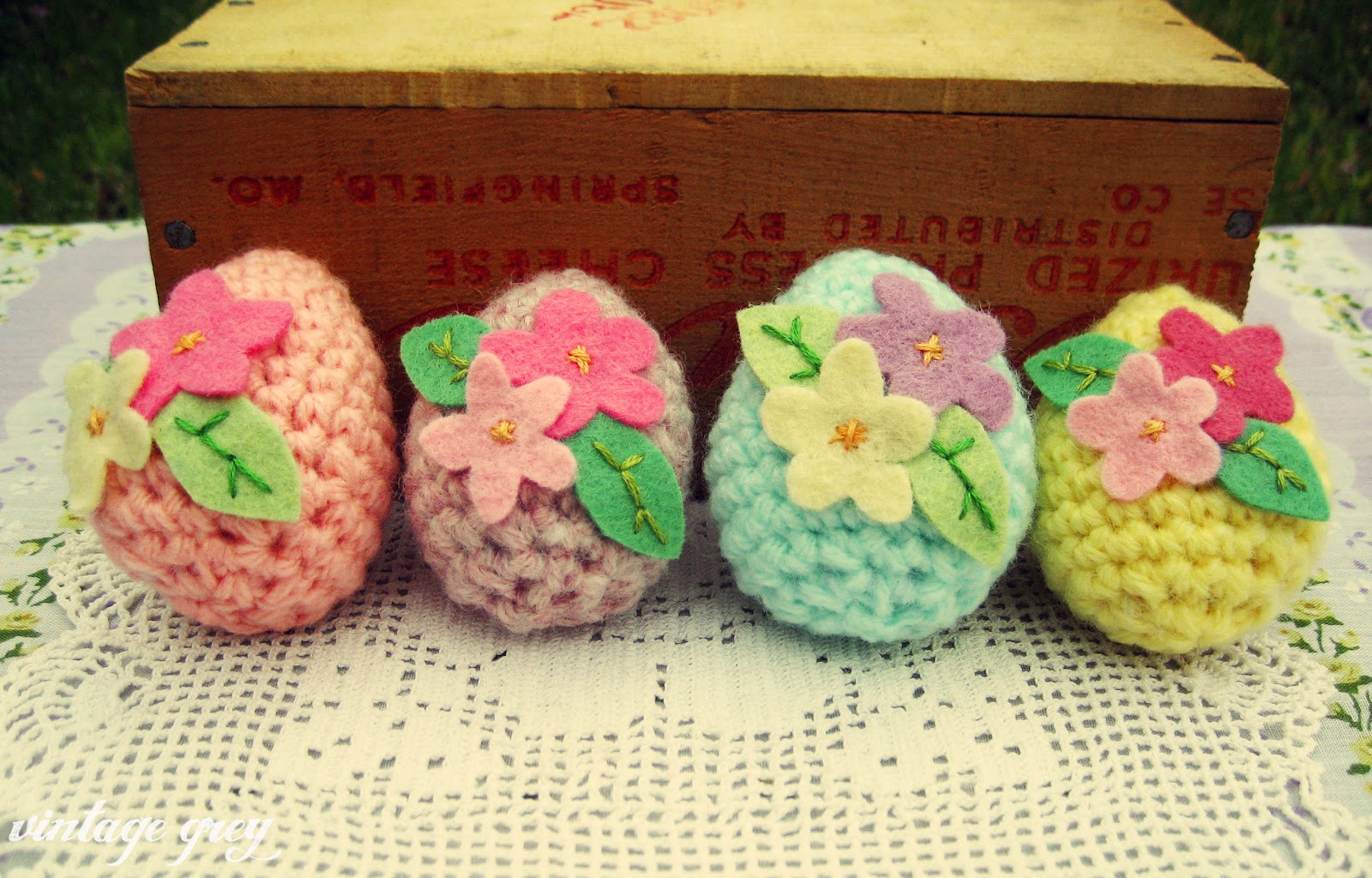 vintage grey crocheted easter eggs