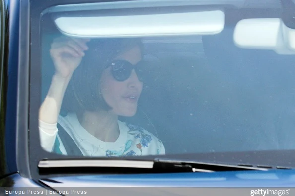 Queen Letizia of Spain is seen arriving at her children school to attend Princess Leonor's first confession some days before her First Communion on April 29, 2015 in Madrid, Spain.