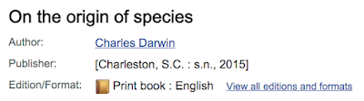 Library catalog entry for Origin of Species Library catalog entry for Origin of Species