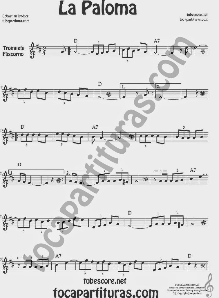  La Paloma Partitura de Trompeta y Fliscorno Sheet Music for Trumpet and Flugelhorn Music Scores