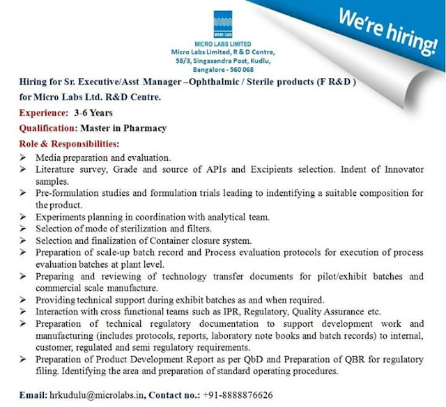 Openings in Micro Labs Ltd