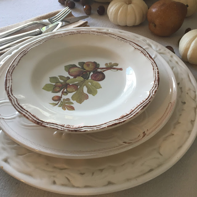 Neutral Fall Tablescape with Fig Plates and White Pumpkins