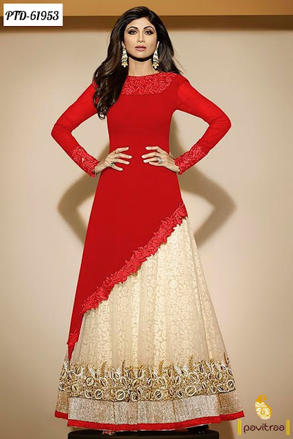 Latest Red Color Net Bollywood Actress Shilpa Shetty Designer Wedding Bridal Anarkali Style Lehenga Suits Online Shopping with Discount Offer Price