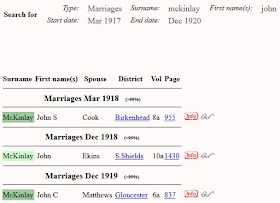 FreeBMD.org search for marriages for John McKinlay between 1st quarter 1917 and 4th quarter 1920