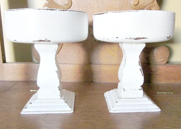 2 wooden distressed pedestal bowls