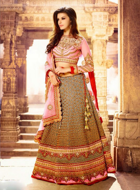 Cream And Pink Art Silk Bridal Lehenga With Zari, Resham And Stone Work