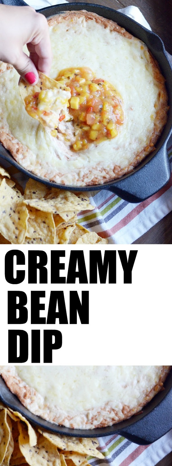 Completely addiction bean dip made with cream cheese, mozzarella, taco seasoning, and (of course) refried beans! We love to eat ours with mango salsa on top.