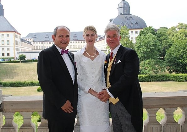Princess Stephanie of Saxe-Coburg and Gotha wore a white silk wedding dress from German fashion designer Gordon Sieverding, who is based in Michelau