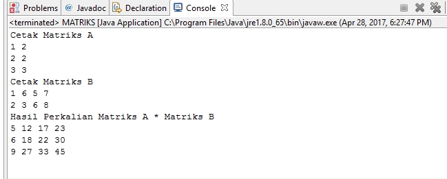 Anakbaru99 Perkalian Matriks Ordo 3x2 Dengan Matriks Ordo 2x4 Menggunakan Array Pada Java