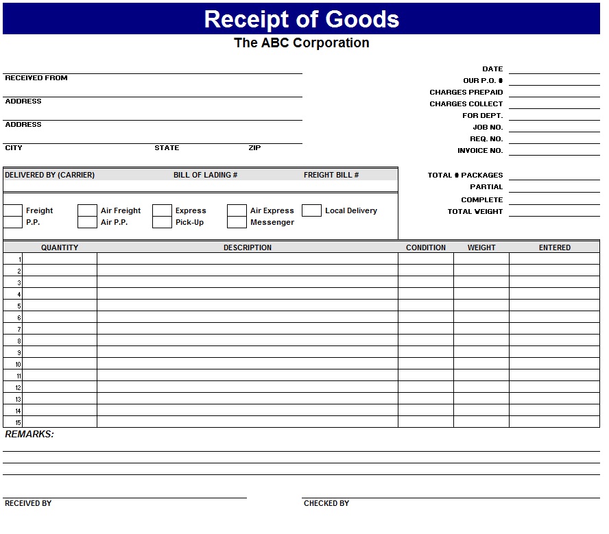 Receipt Of Goods Template Sample