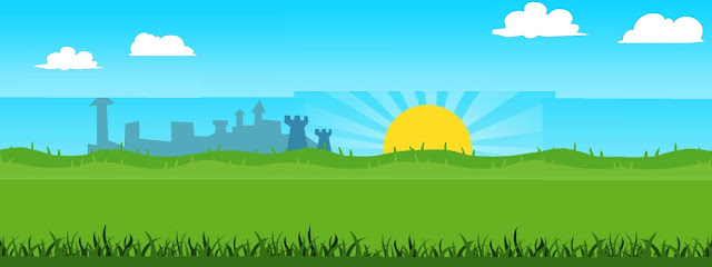 Cartoon green grass and field with castle-esque skyline and rising sun blue sky & white clouds