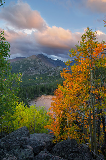Bear Lake and Longs Peak in Autumn in Rocky Mountain National Park at the classic location at sunset