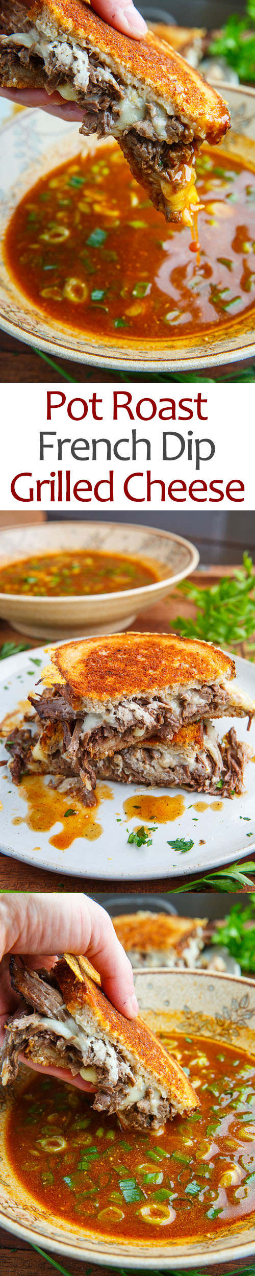Pot Roast Grilled Cheese French Dip Sandwich with Spicy Miso Au Jus on