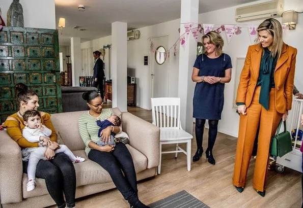 Queen Maxima of the Netherlands made a working visit to Babyhuis (Baby Home) in Dordrecht. Queen Maxima wore a jacket and trousers by Claes Iversen