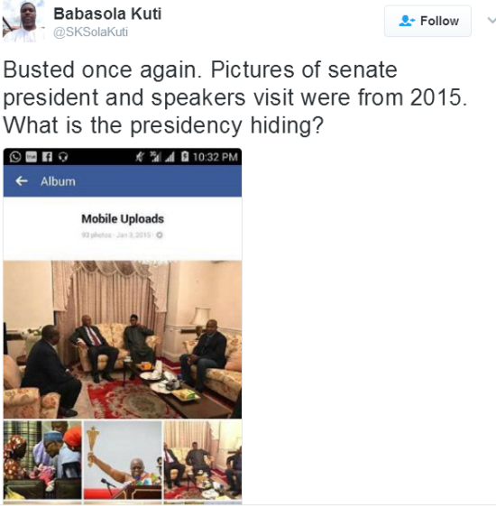 g PDP member claims Buhari's photos with Saraki, Dogara in London yesterday were from 2015