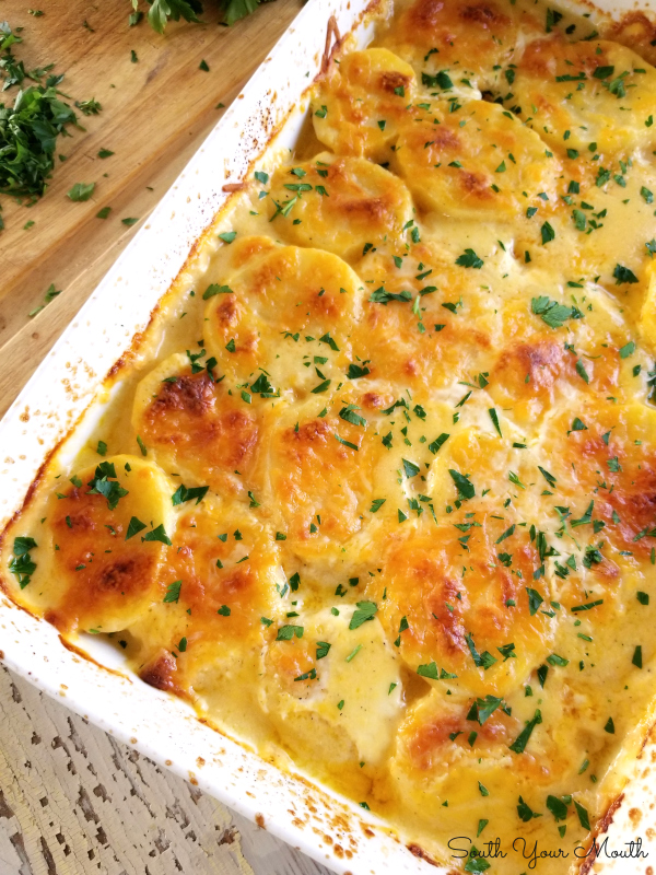 Super Easy Cheesy Scalloped Potatoes! A quick and easy potato casserole recipe that combines both Scalloped and Au Gratin recipes for a creamy, cheesy potato bake that comes together in minutes!