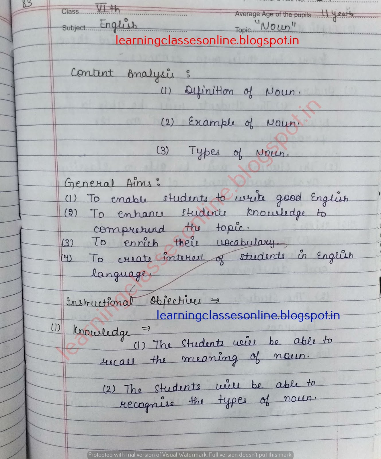 Lesson Plan On Noun For English Teachers