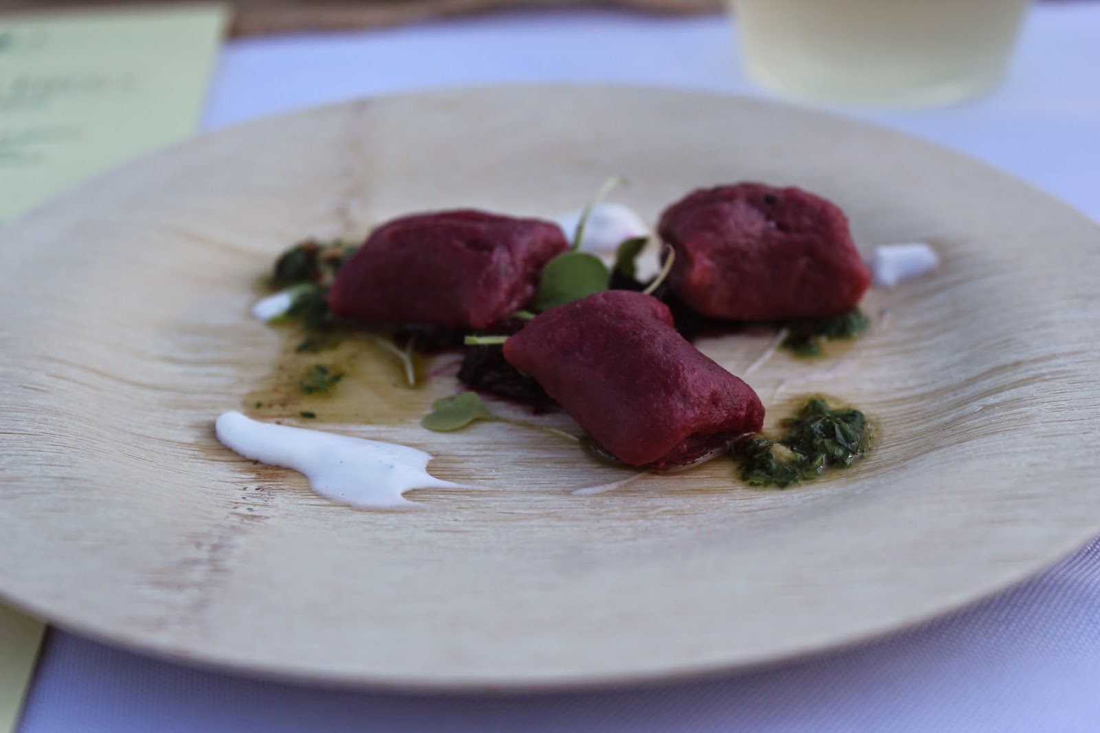 Beet gnocchi at Dinner in the Field at Volante Farms, Needham, Mass.