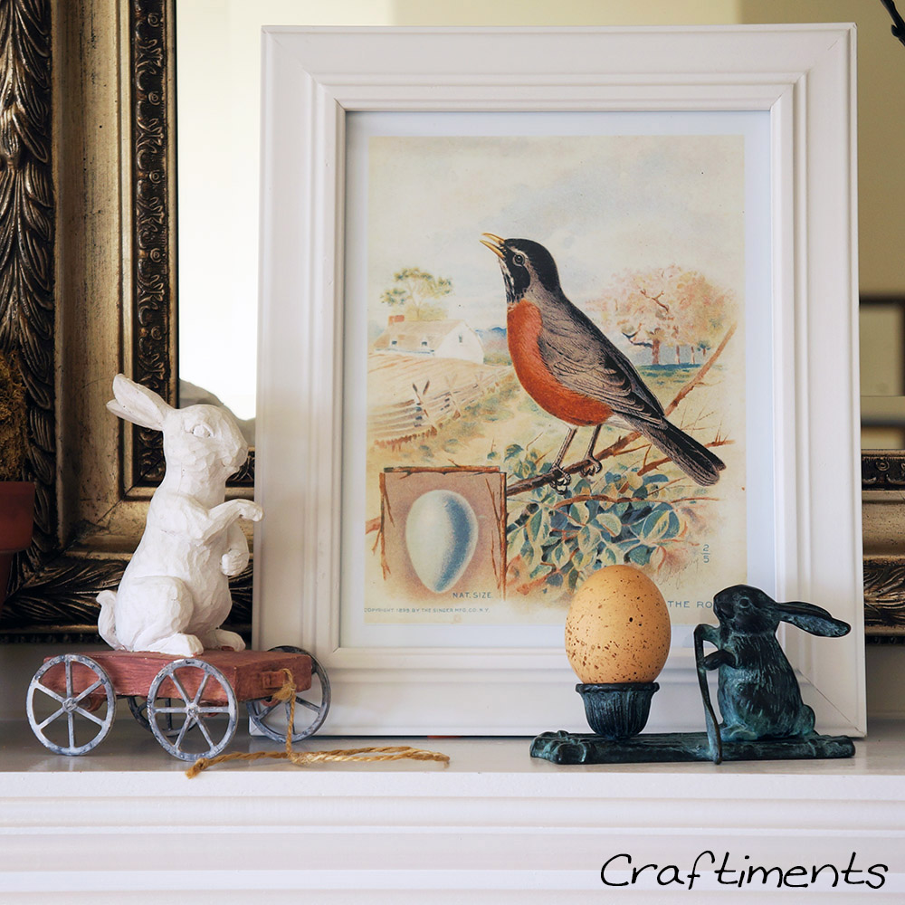 Craftiments:  Framed vintage Robin print and two rabbit figurines