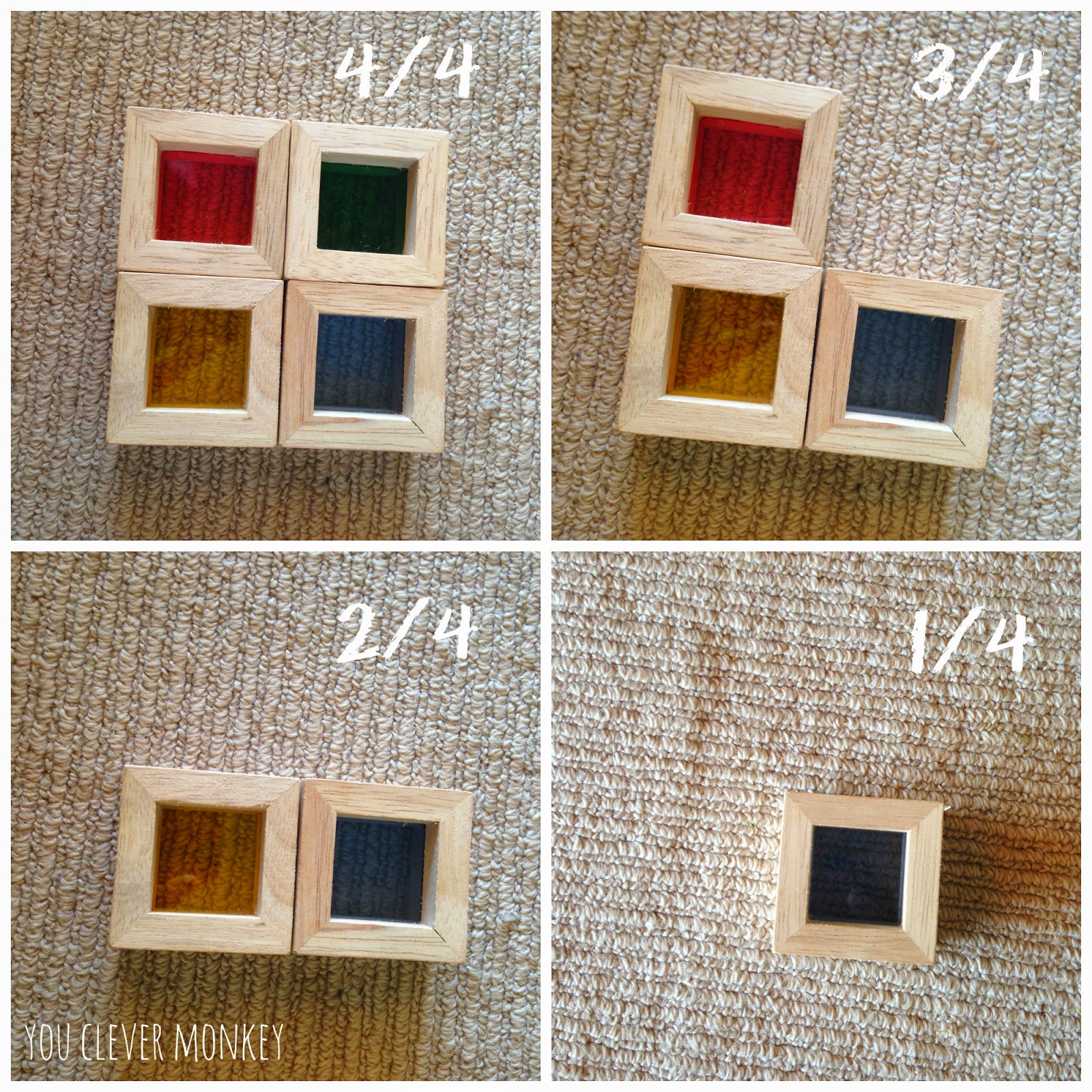 Exploring fractions with wooden rainbow blocks.  For more, visit www.youclevermonkey.com