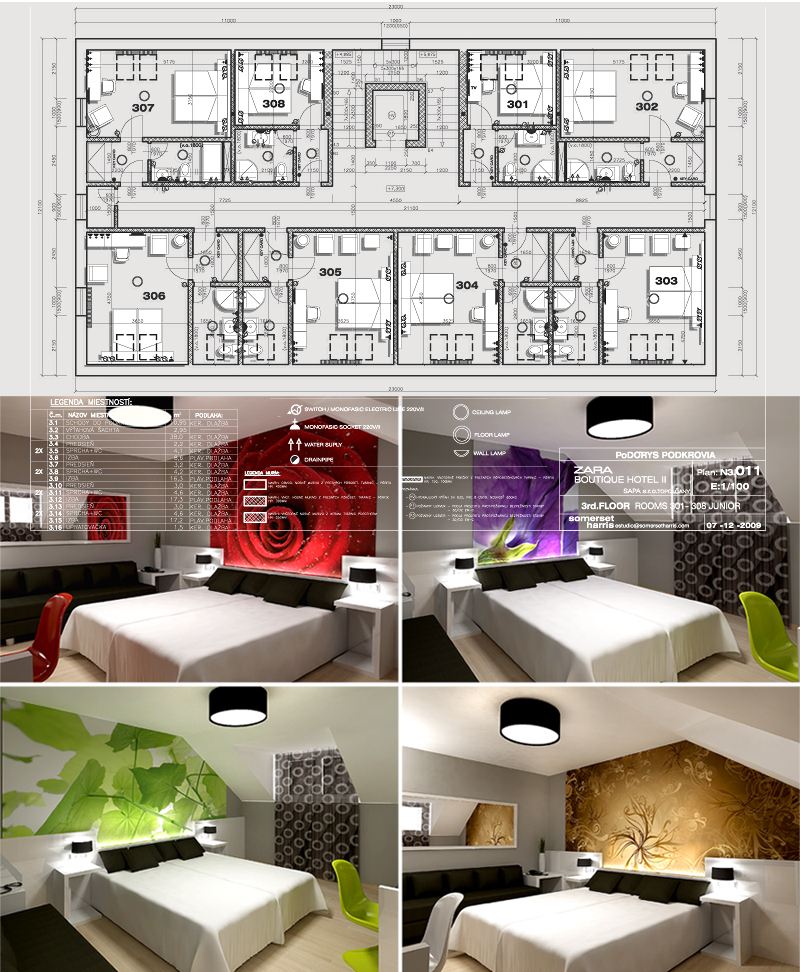 Zara Boutique Hotel Standard Rooms.Distribution plan. Design by Somerset Harris