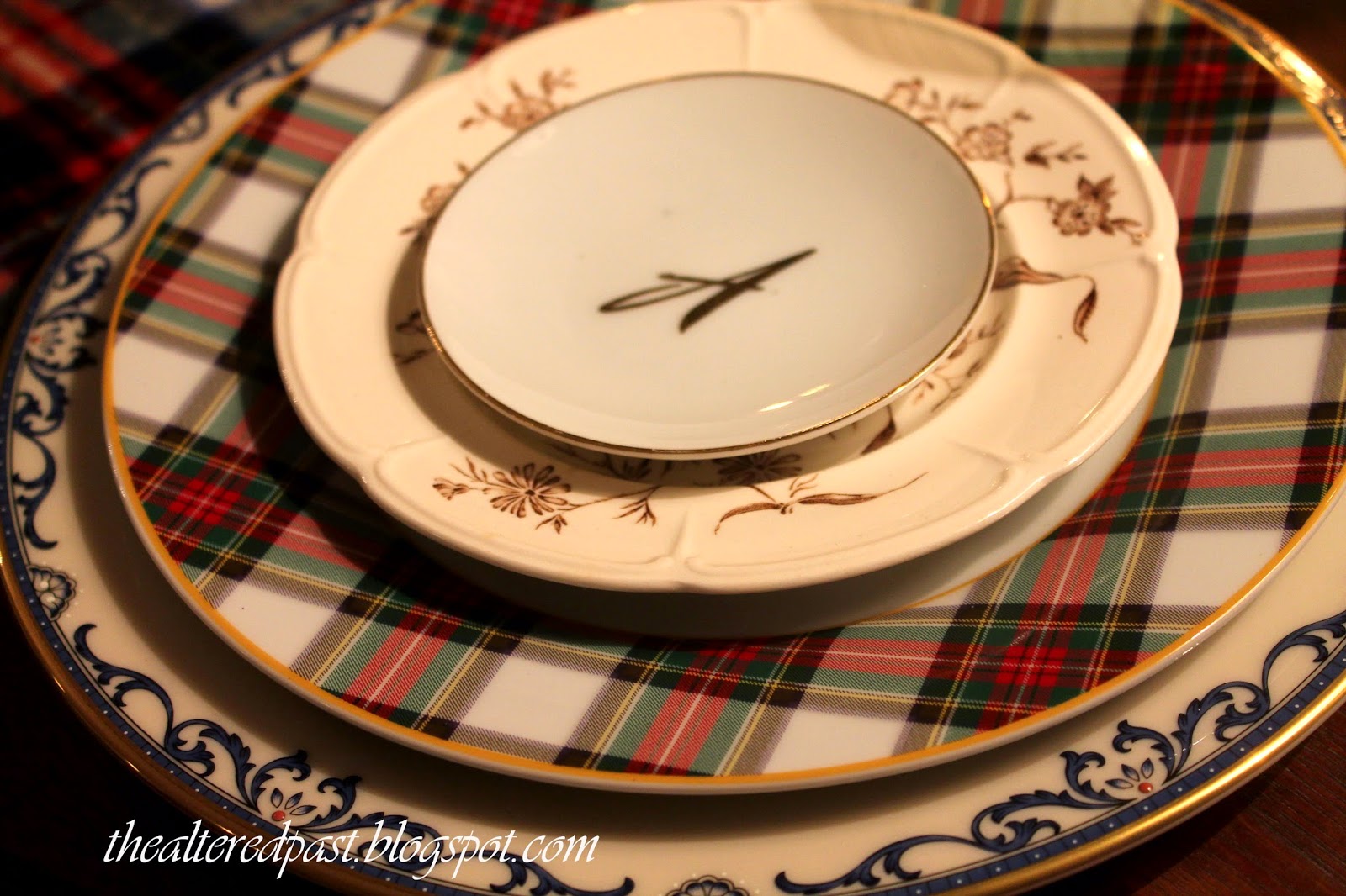 tartan and transferware plate tablescape, the altered past blog