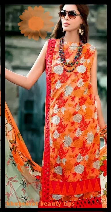 Gul Ahmed lawn in orange color 2014