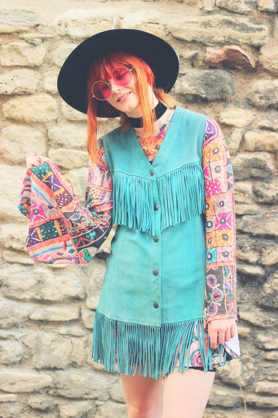 Vintage 70s Turquoise Fringed Suede Waistcoat Fashion Blogger Outfit