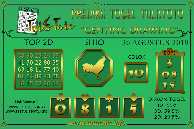 Prediksi Togel GENTING DRAWING TULISTOTO 26 AGUSTUS 2019