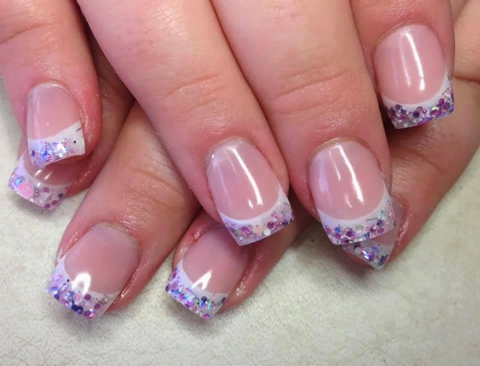 Classic pink and white sculpted gel nails with multicolor mix glitz ...